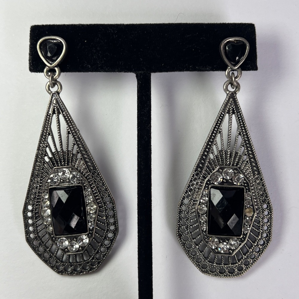VTG Art Deco Revival Black Crystal Rhinestone 3" Openwork Dangle Earrings
